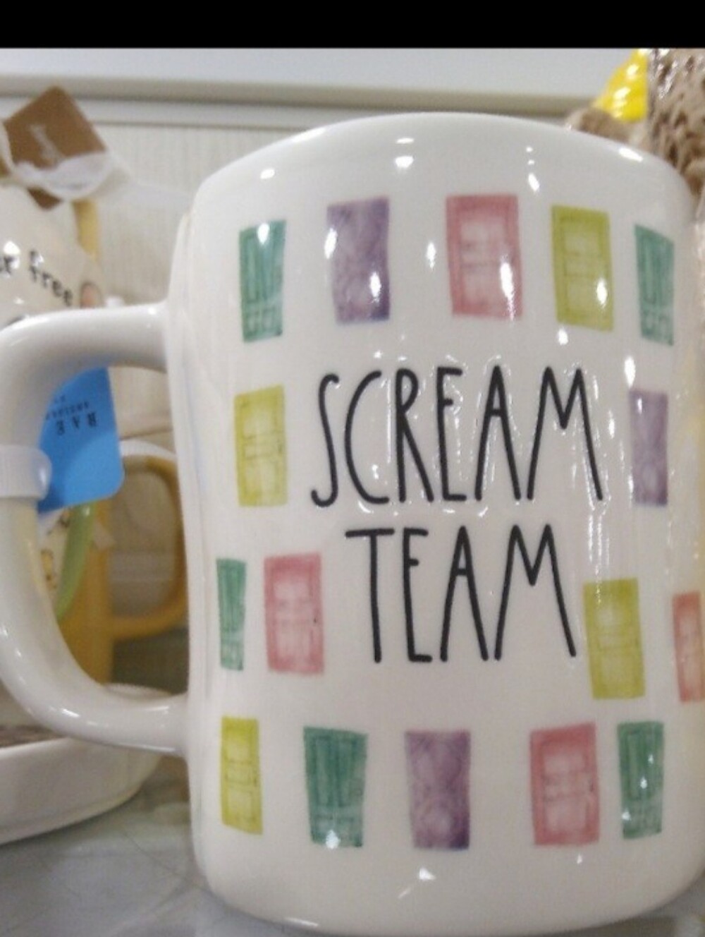 Rae Dunn Monsters Inc Scream Team White Ceramic Mug with Pastel Door Pattern